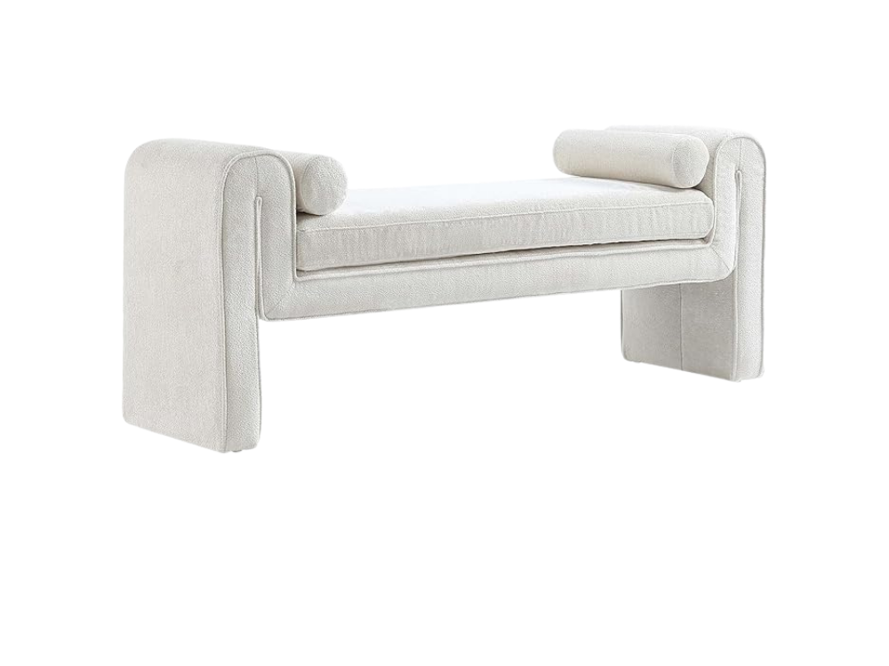 Chenille accent bench selected by interior designer for refined entry spaces