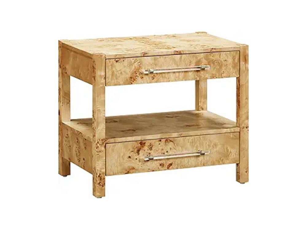 Burl wood nightstand for elevated bedroom storage and styling