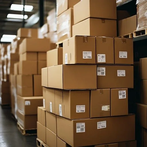 Rows of stacked cardboard boxes in a warehouse