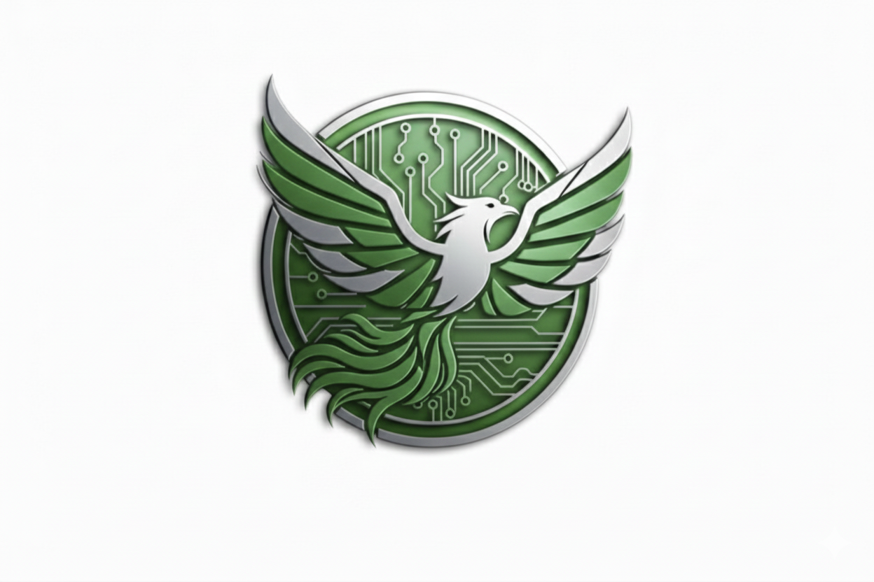 A digital emblem of a phoenix with green and silver wings, set against a background of circuit board patterns.