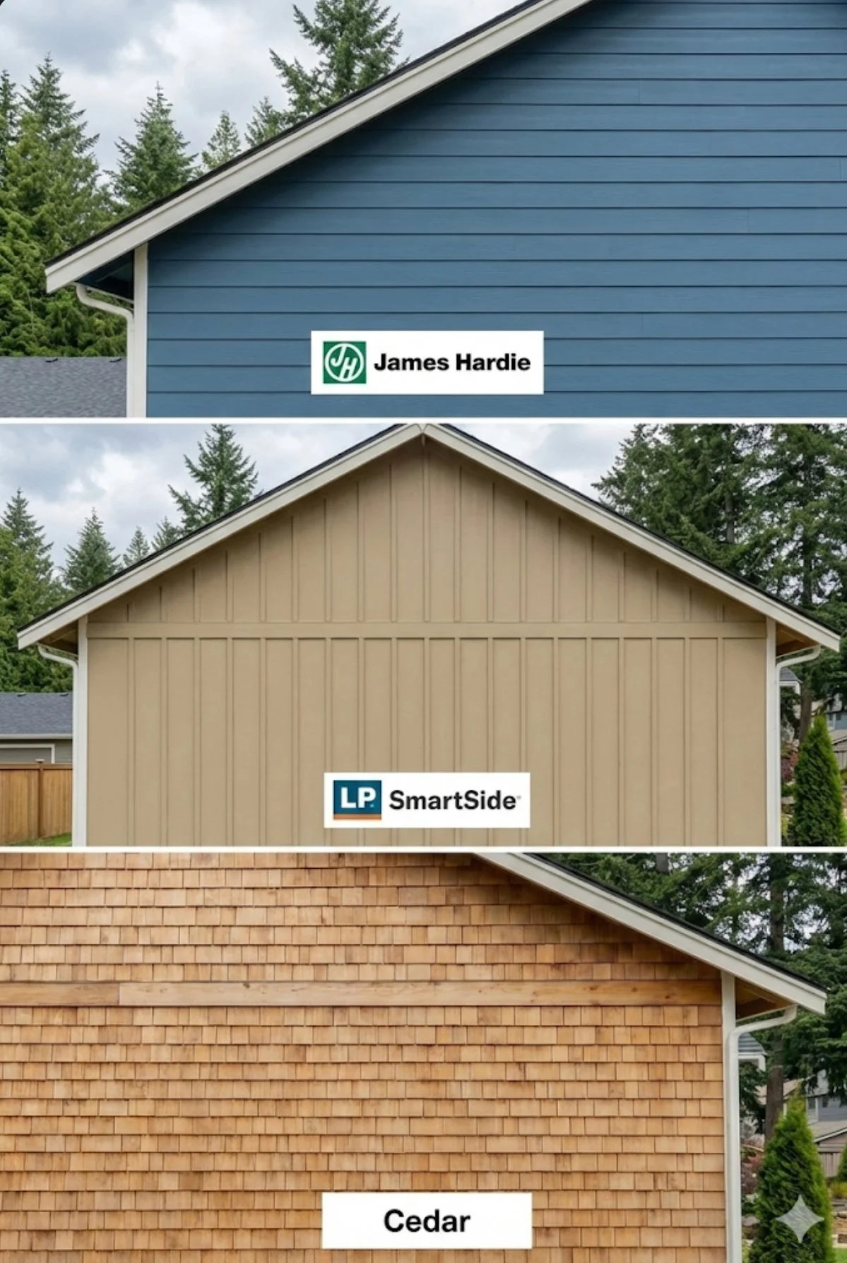 Three images of the side of a house showing different types of exterior siding in blue, beige, and cedar wood. The first image has a sign for James Hardie, the second for SmartSide, and the third shows cedar shingles.