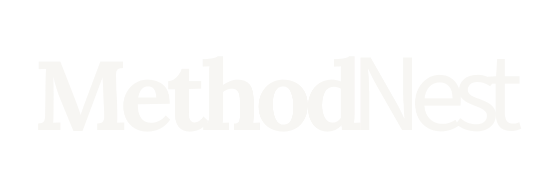MethodNest llc Logo in a light cream color on blue background