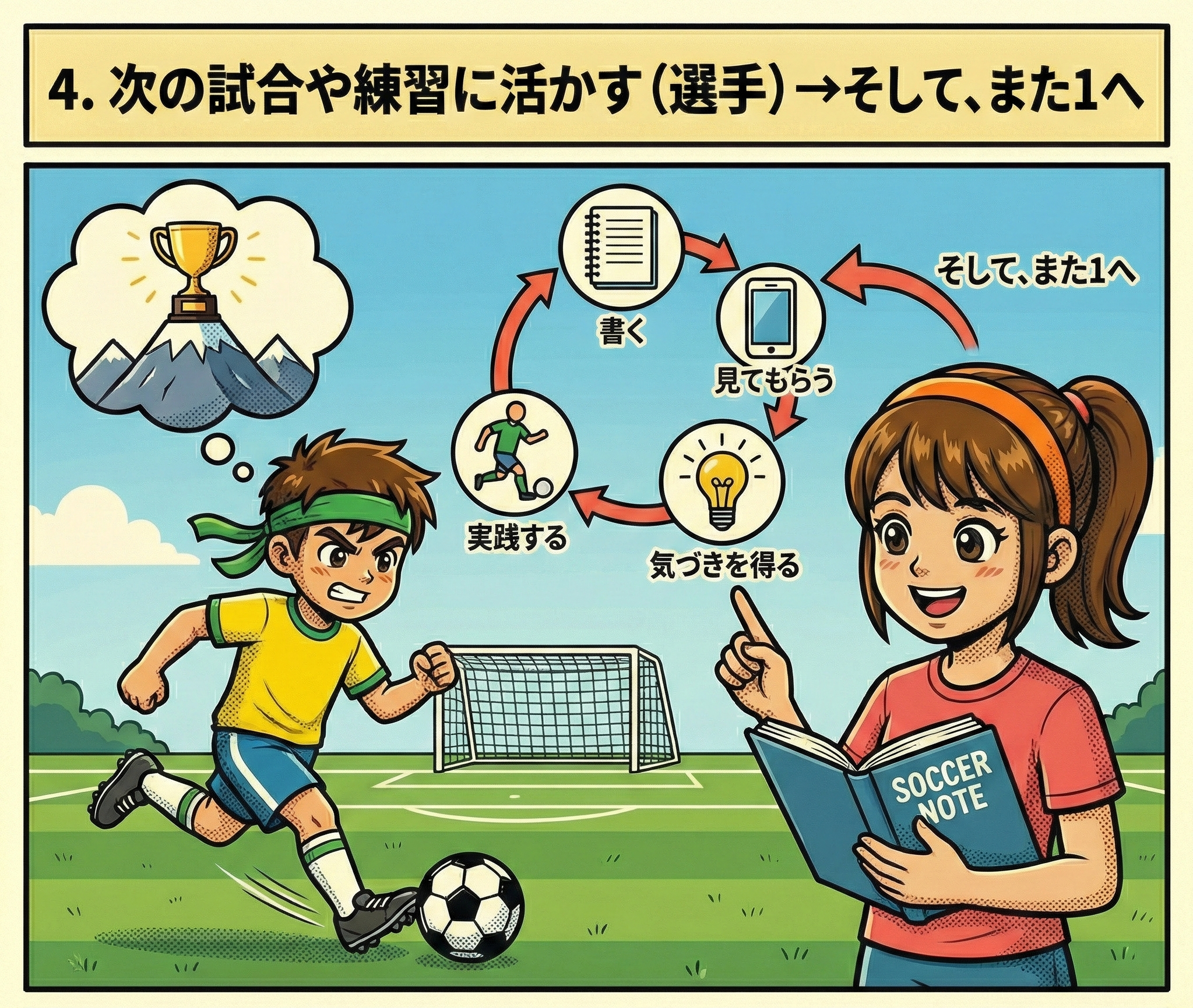 サッカー場で少年と女性がサッカーを練習している。女性は「SOCCER NOTE」と書かれた本を持っている。