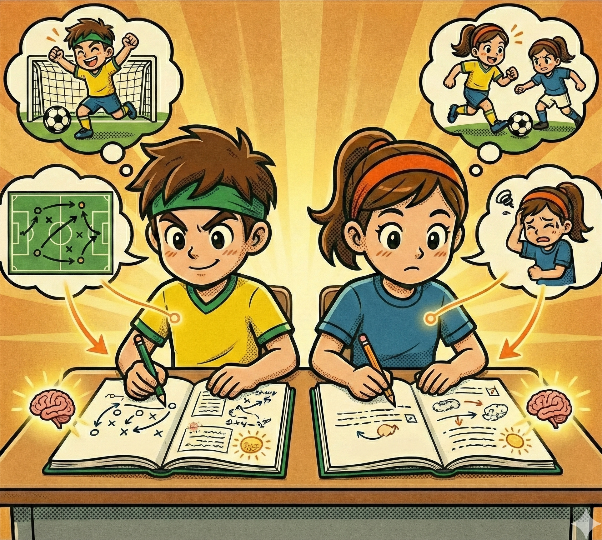 学生2人が机に向かって勉強している。頭の横に脳のイラストと記憶や思考を表す思考や妄想の吹き出しがある。