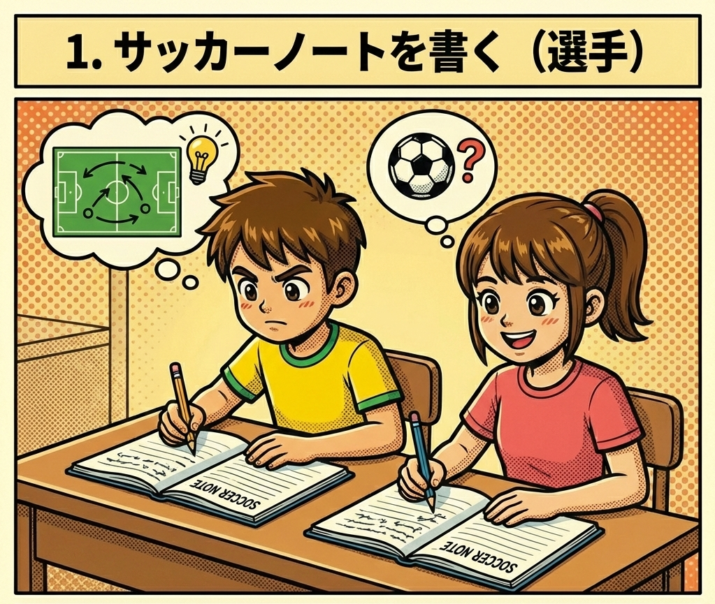サッカーノートを書いている少年と女の子の図。少年は戦術を考えながら書き、女の子はサッカーについて質問している様子。