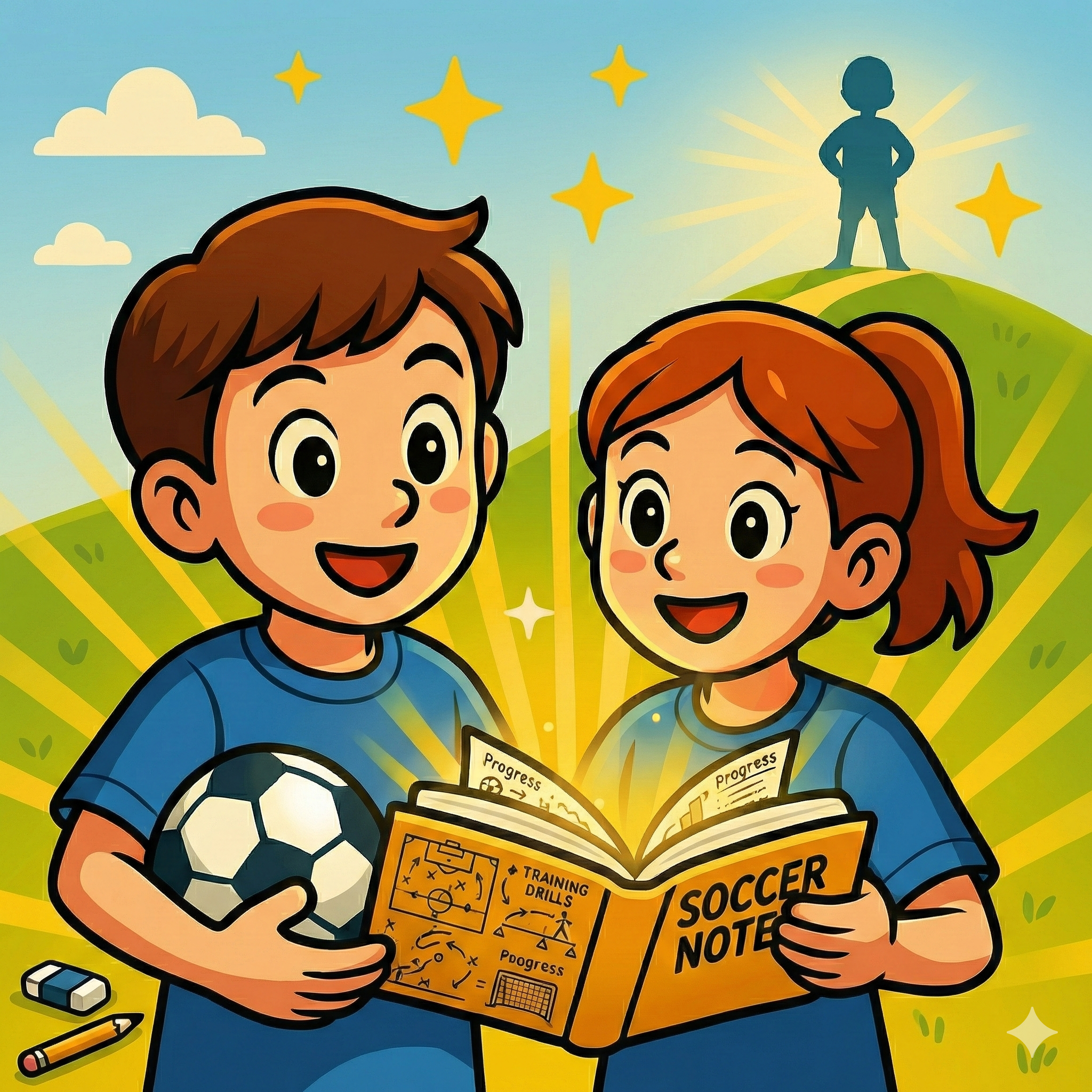 子供二人がスポーツの書き込みと練習用紙を持ち、楽しそうに笑顔を浮かべている、青と黄色の背景のイラスト