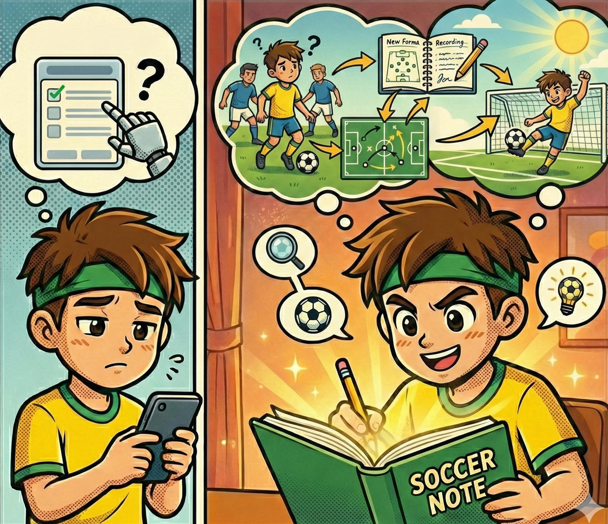 サッカーボールの練習方法について話し合う少年たち。