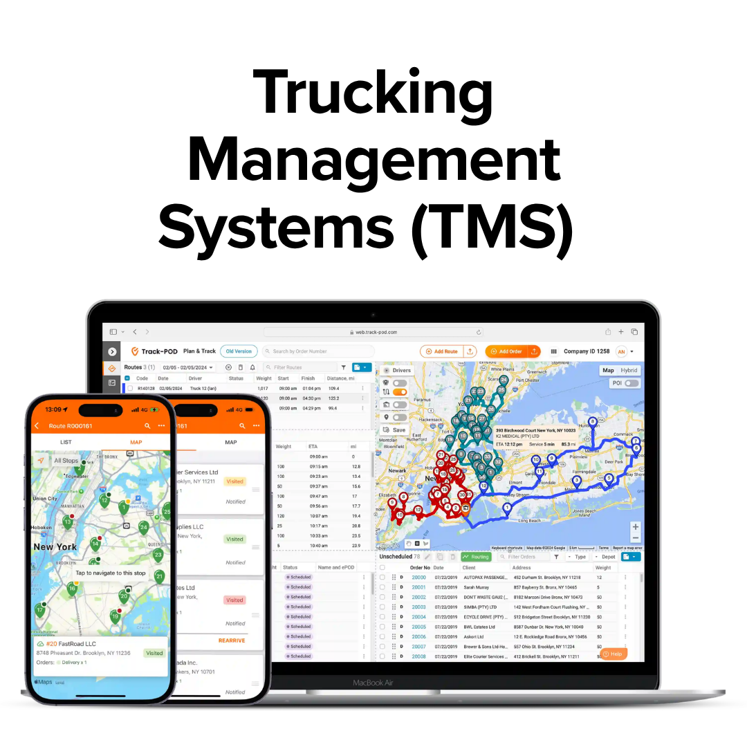 Screen displays delivery tracking map and logistics software on a laptop with mobile app showing delivery route in New York.