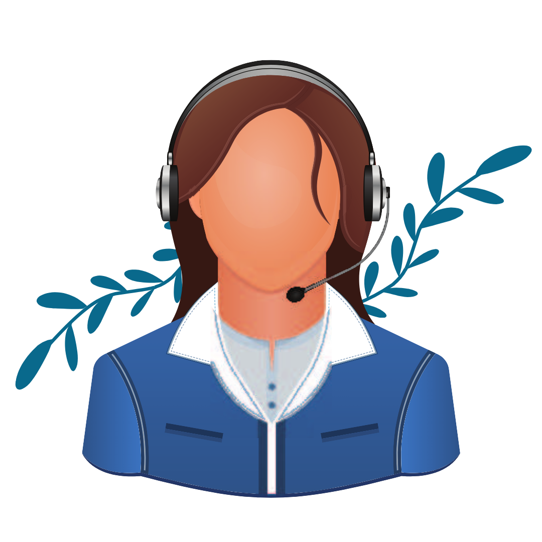 Illustration of a woman wearing a blue jacket and a headset with a microphone, no facial features visible.