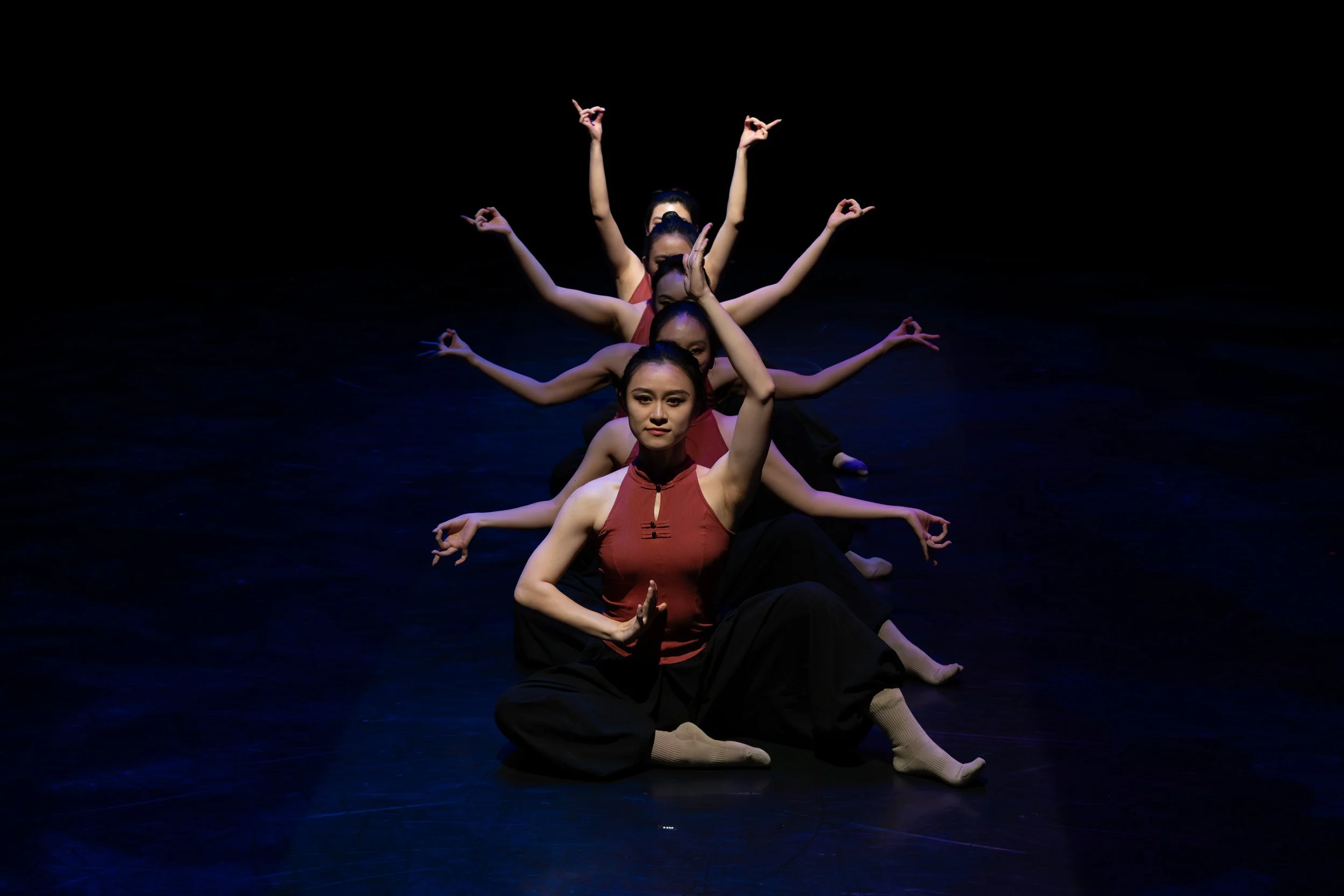 A group of five female ballet dancers in a line, sitting on the floor with their legs crossed and hands in various ballet poses, against a black background.