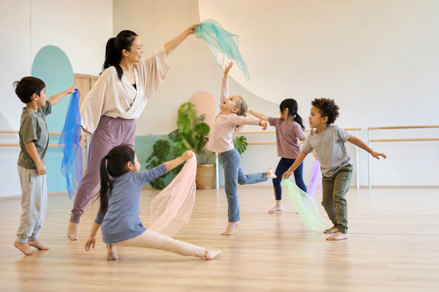 Children and a teacher in a dance class with colorful scarves in a bright studio.