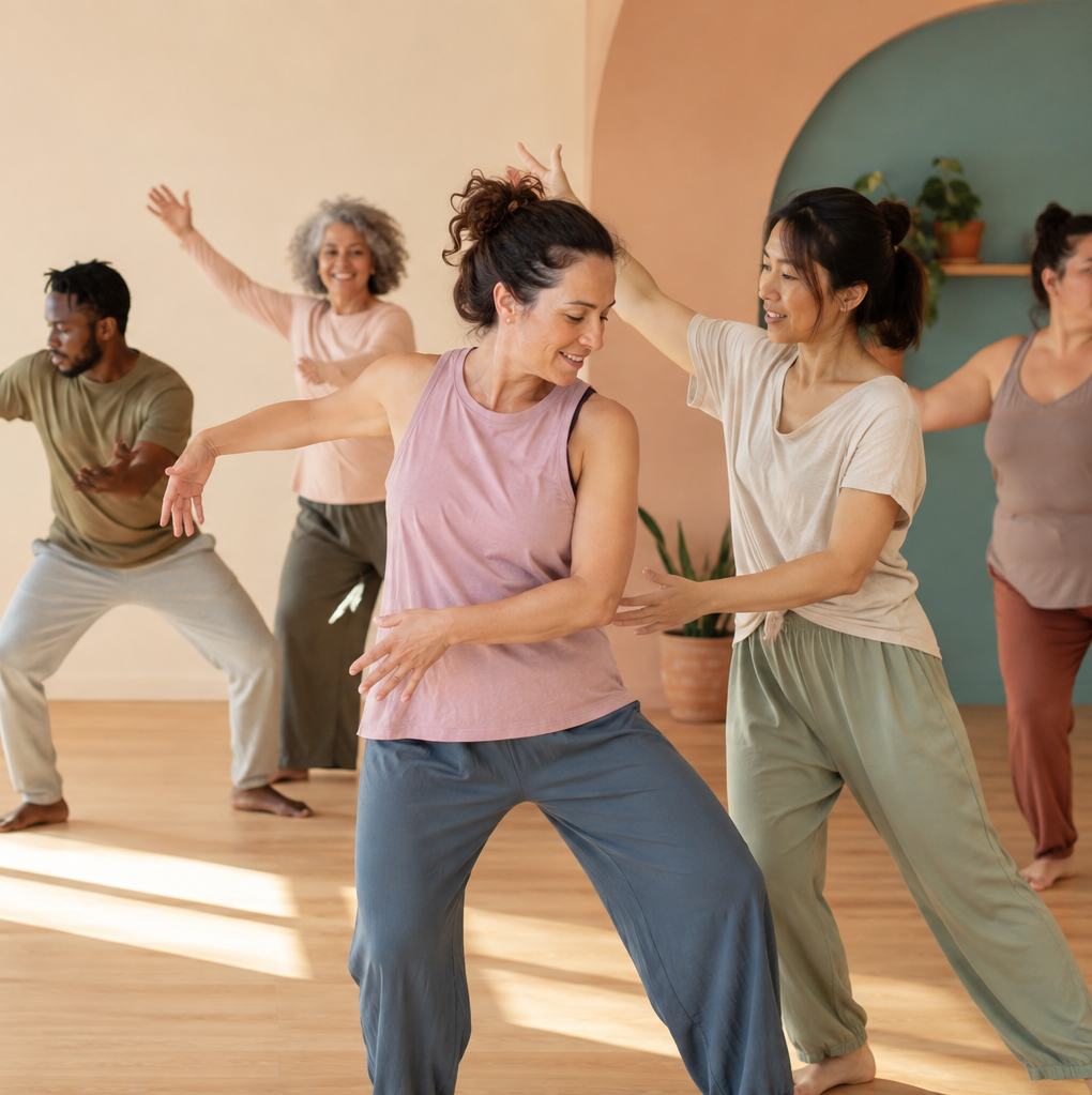 A diverse group of people participating in a dance or fitness class indoors.