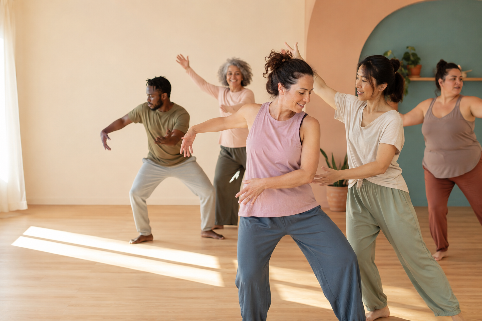 People engaging in a dance or yoga class in a studio with light-colored walls, wooden floor, and natural lighting.