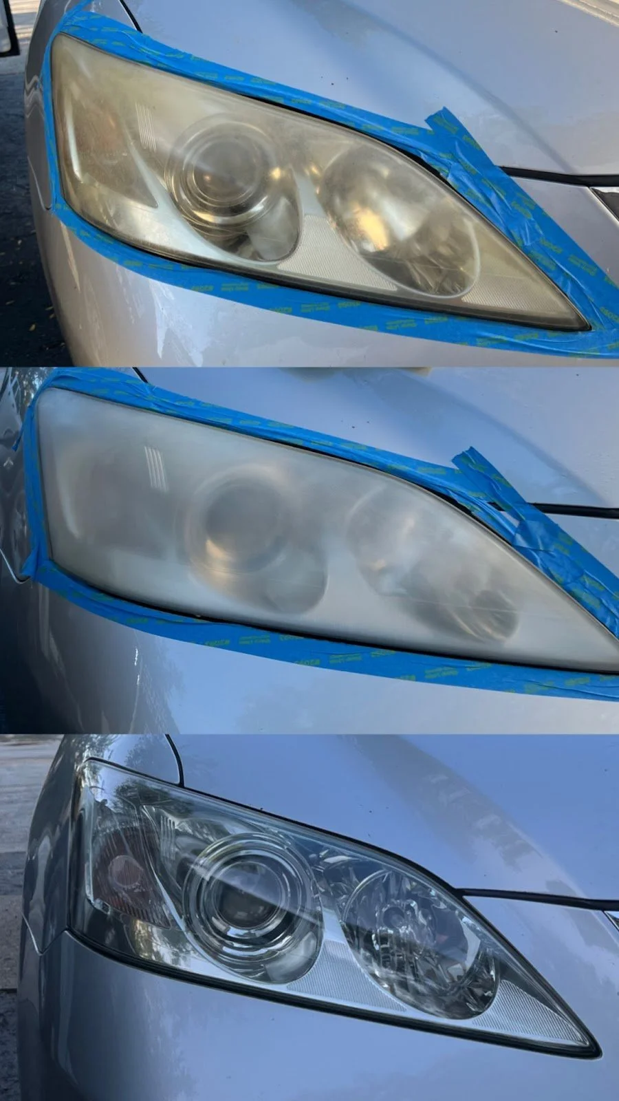 Comparison of three car headlights showing progress in cleaning or restoration, from dirty to clean and clear.