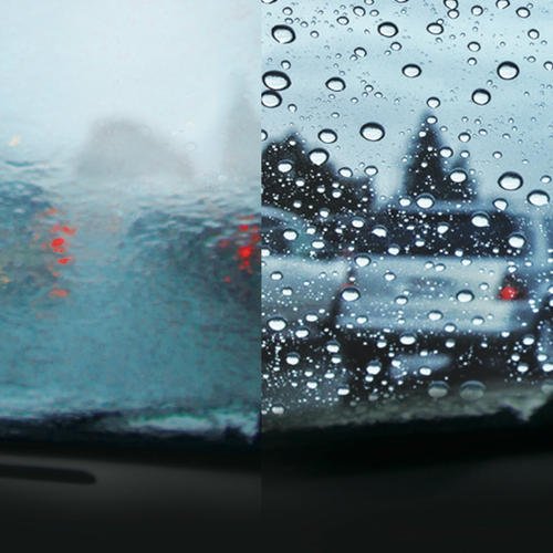 Comparison of blurry view through a car windshield on a rainy day, with one side showing a foggy window and the other showing raindrops on glass.