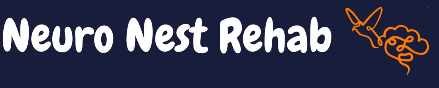Logo for Neuro Nest Rehab with stylized orange bird flying out of a nest in the shape of a brain in the top right corner on a dark background.
