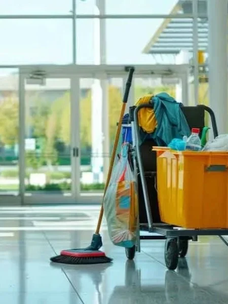Cleaning cart with mops and cleaning supplies in an airport terminal.