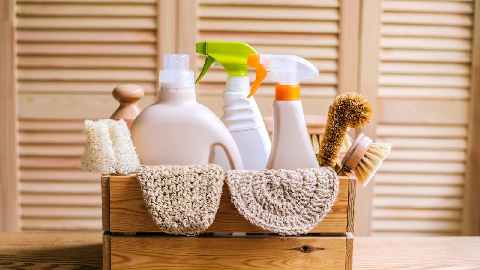 Cleaning supplies, brushes, and washcloths in a wooden container on a wooden surface.