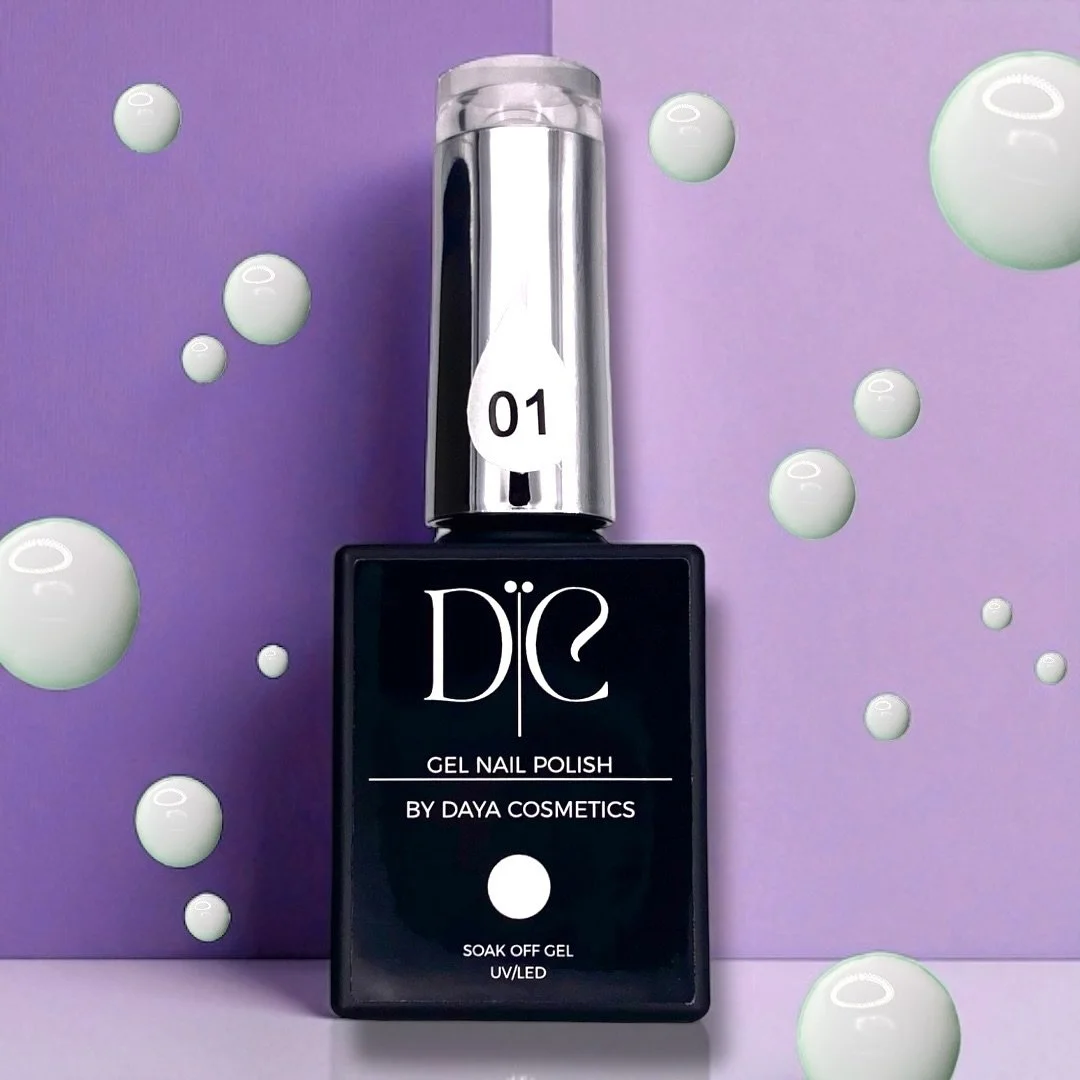 A bottle of DIC gel nail polish by Daya Cosmetics with a purple background and floating bubbles.