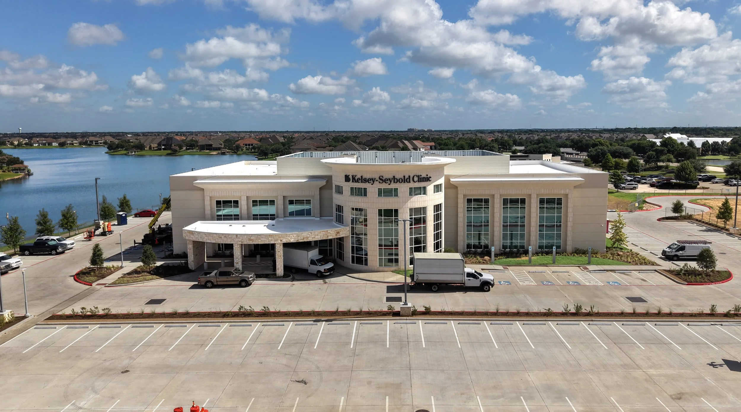 Aerial view of Kelsey-Seybold Clinic showing its proximity to Towne Lake Boardwalk in Cypress, TX