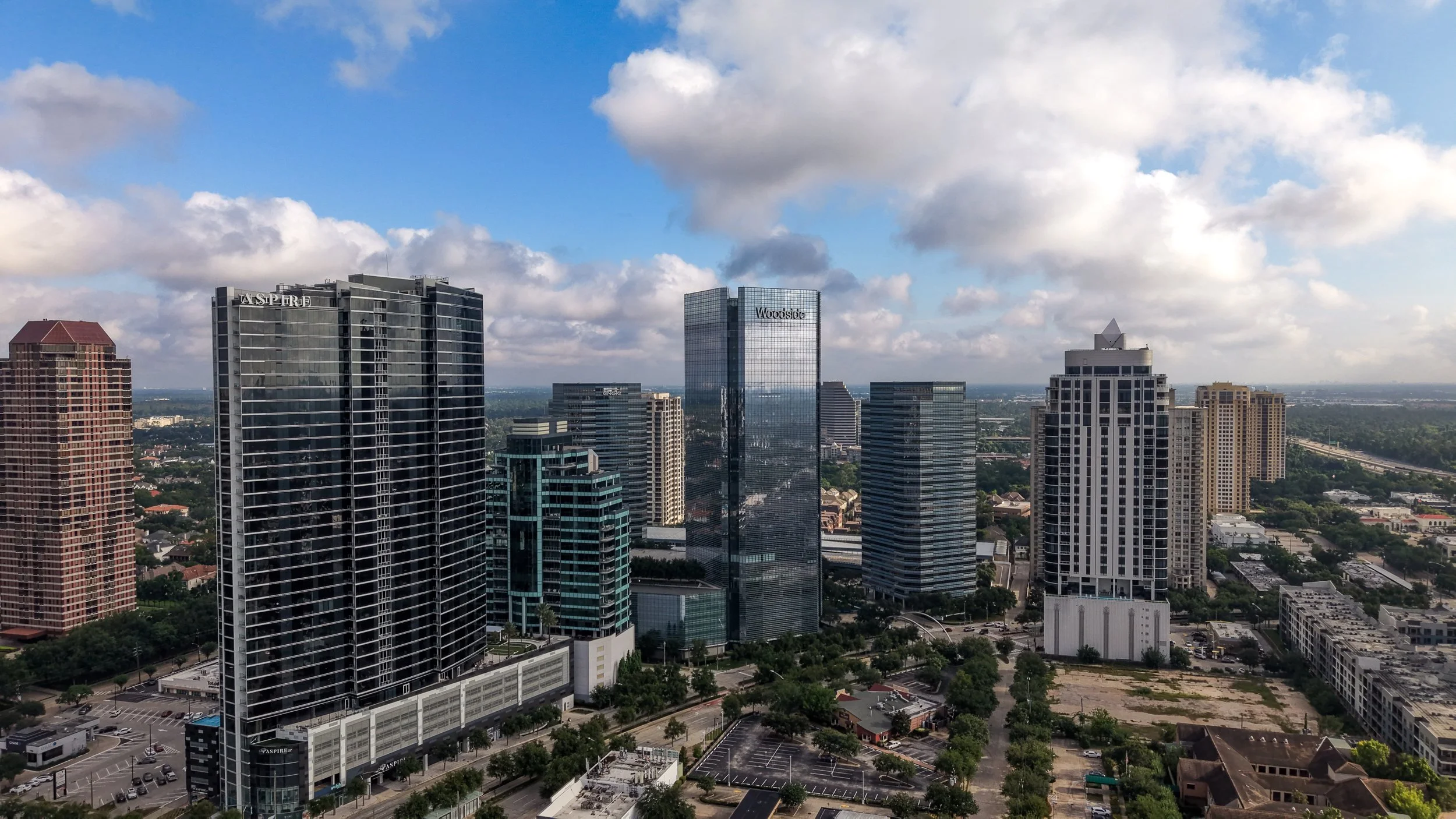 Aerial view of the Houston Galleria area skyline, including the Aspire and Marlowe towers