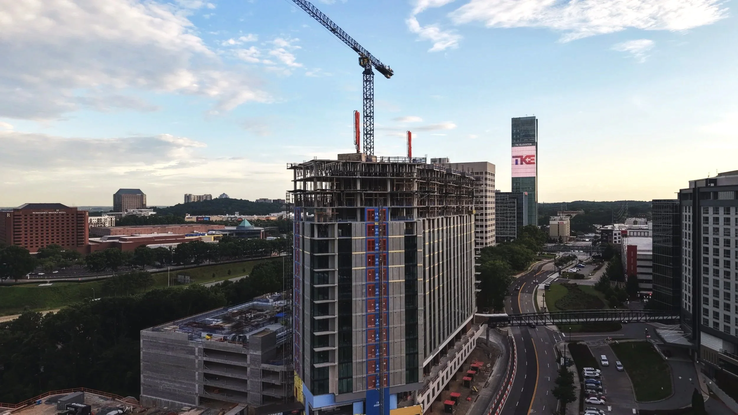 Aerial view of a high-rise building under construction in Atlanta