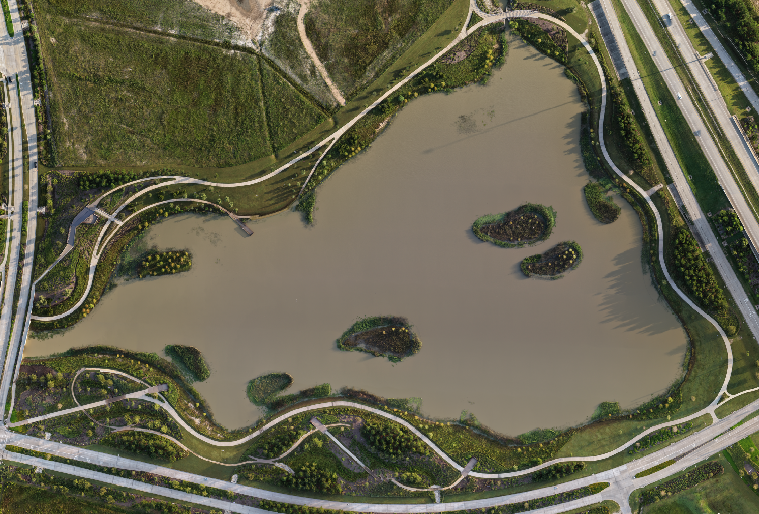 Aerial orthomosaic map of Bridgeland Prairie Land Iconic Butterfly Structure park in Cypress, TX
