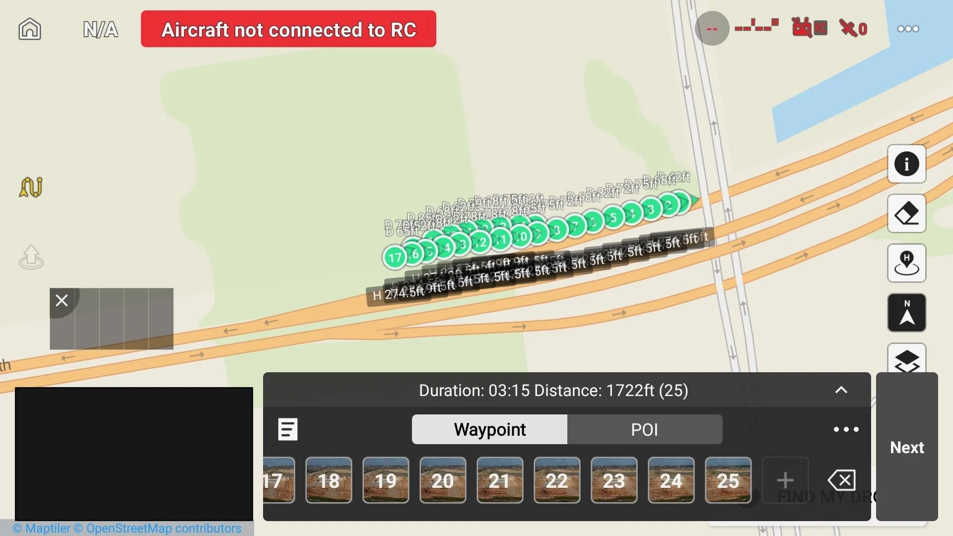 Drone waypoint mission planned over a construction site, showing 25 numbered waypoints on a fixed flight path with set altitudes, used to capture repeatable progress imagery