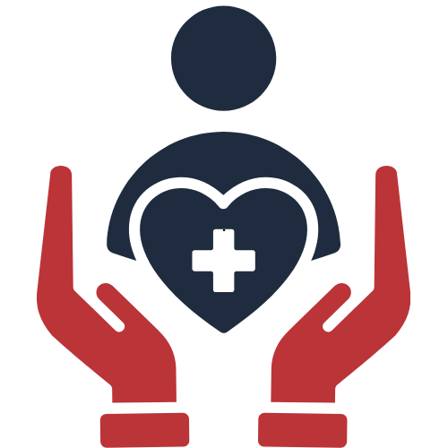 Icon of two red hands holding a heart with a medical cross inside, symbolizing healthcare or support.