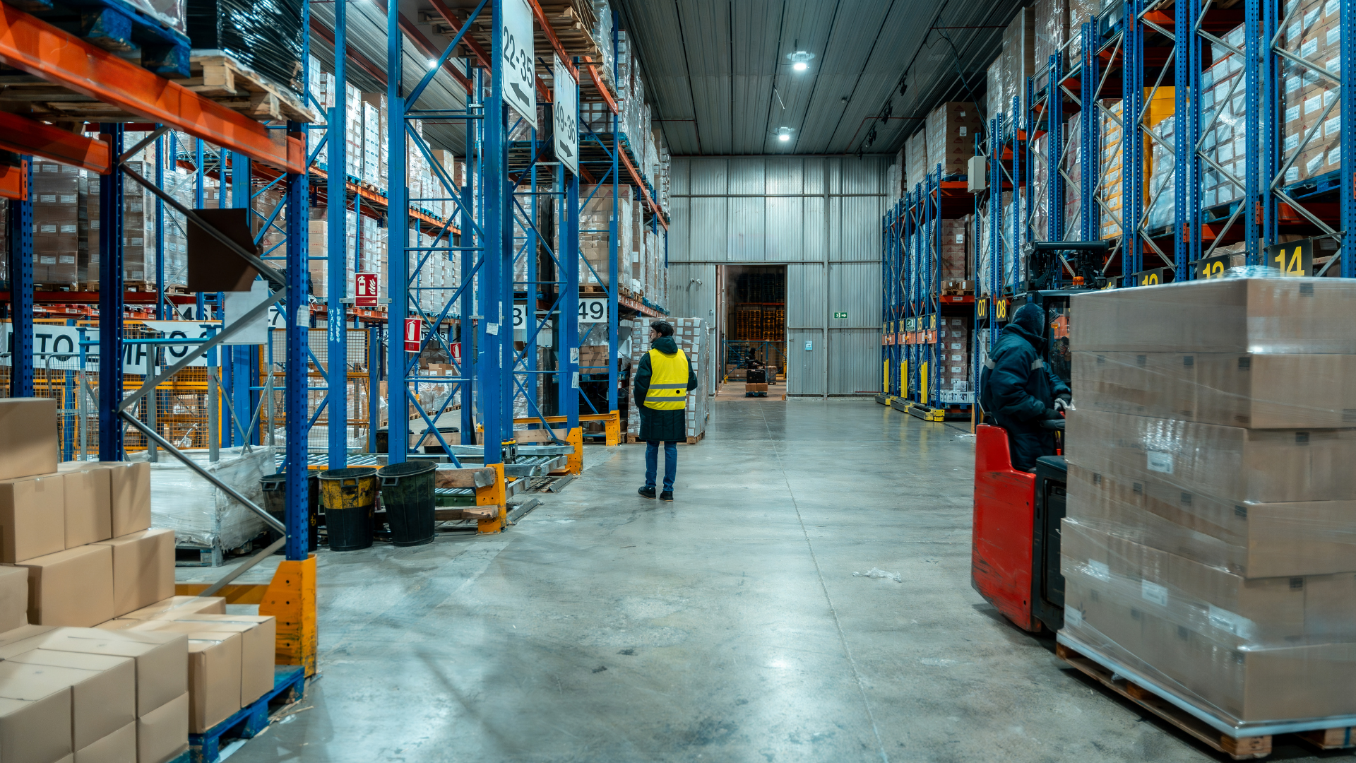 Warehouse interior with tall blue storage racks filled with boxes, two workers wearing black jackets and yellow safety vests, one operating a forklift on the right, and various boxes and pallets on the floor.