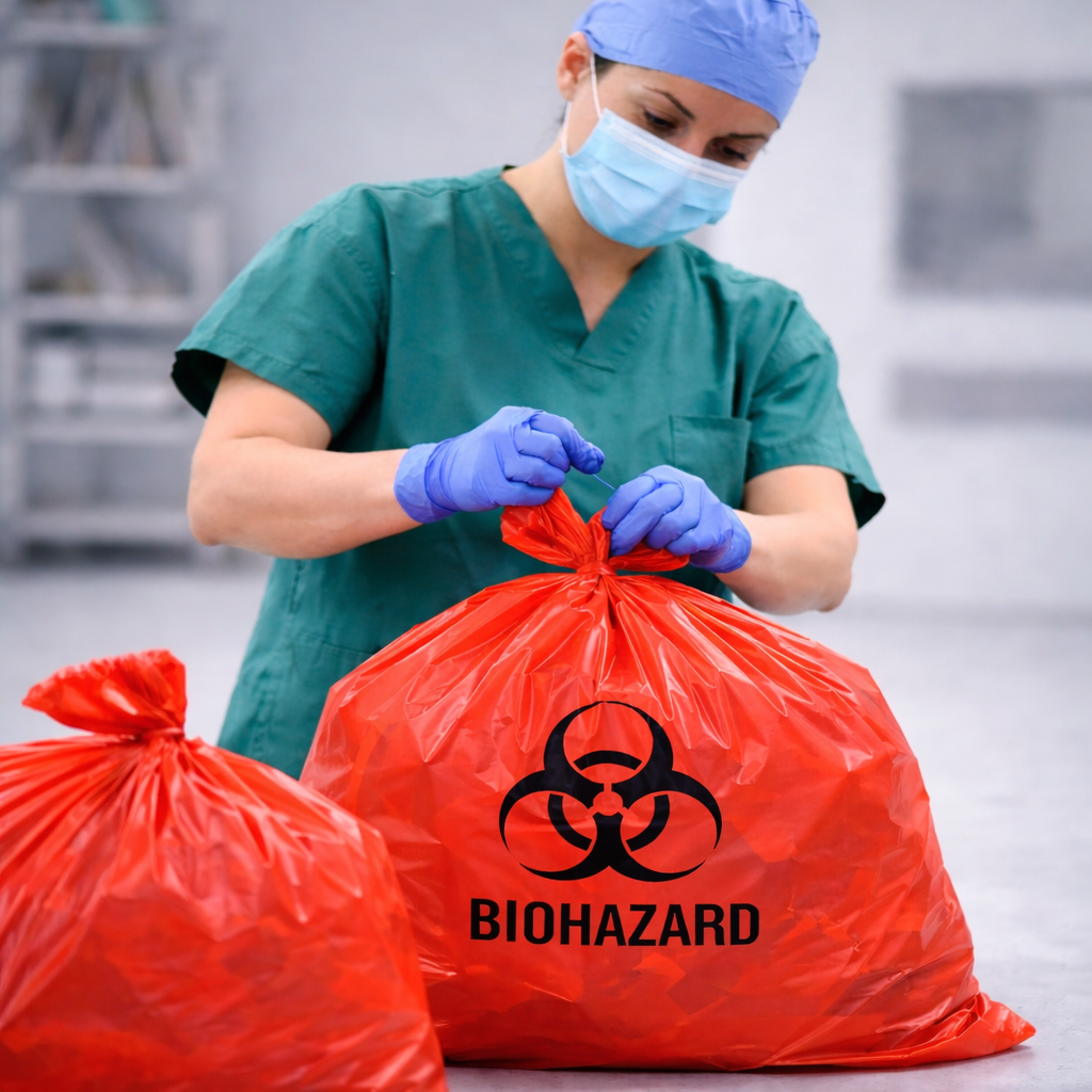 A medical worker in scrubs, mask, gloves, and a hair cover handling hazardous waste in a biohazard bag, which is red with a biohazard symbol and the word "BIOHAZARD."