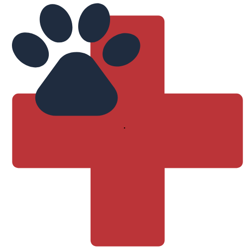 A medical cross symbol with a black paw print on top.