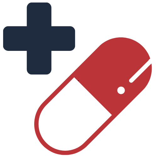 Medical capsule pill with a red and black color scheme and a plus sign above it.