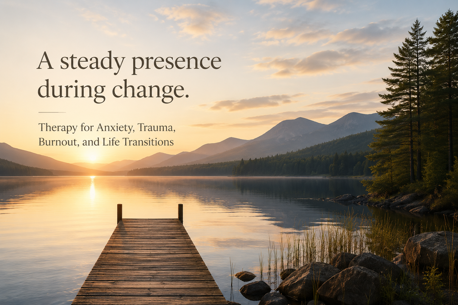 A serene lakeside scene at sunset, with a wooden dock extending into calm water, surrounded by trees and mountains in the background, with a quote about stability during change.