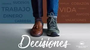 Dos zapatos, uno de vestir y otro deportivo, en un suelo tranquilo. Texto en español con palabras relacionadas con decisiones y aspectos de la vida.