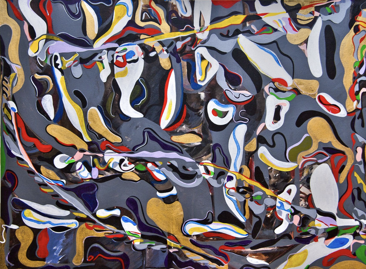 Abstract painting with colorful, swirling patterns on a dark background