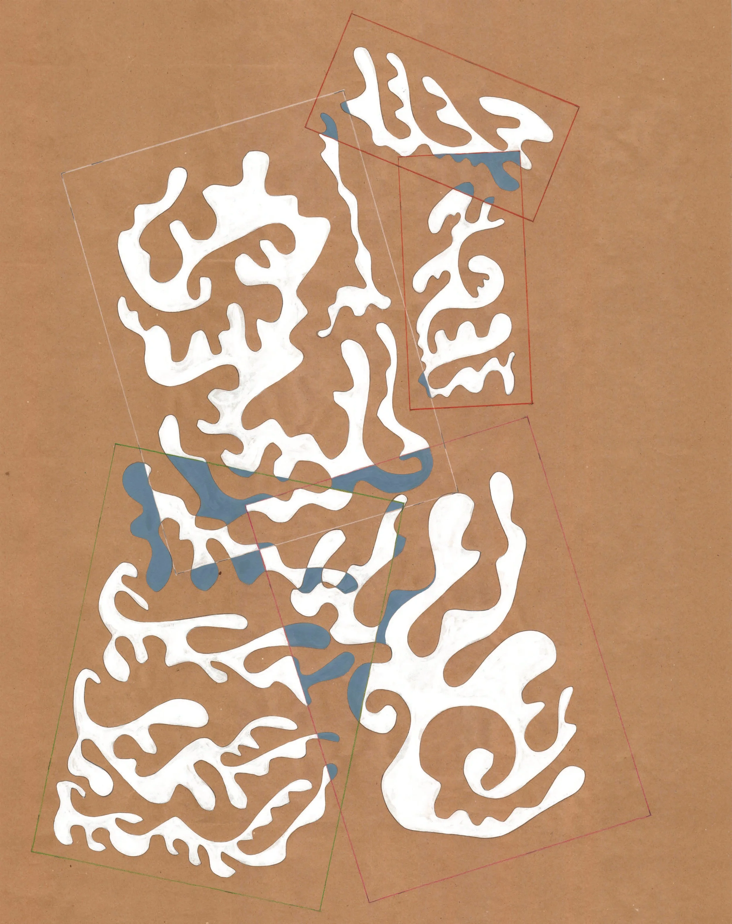 A top-down view of a paper craft or die-cut design on a brown background, showing various white, irregularly shaped cutouts resembling abstract organic forms with small blue cutouts and faint colored lines and rectangles around the shapes.