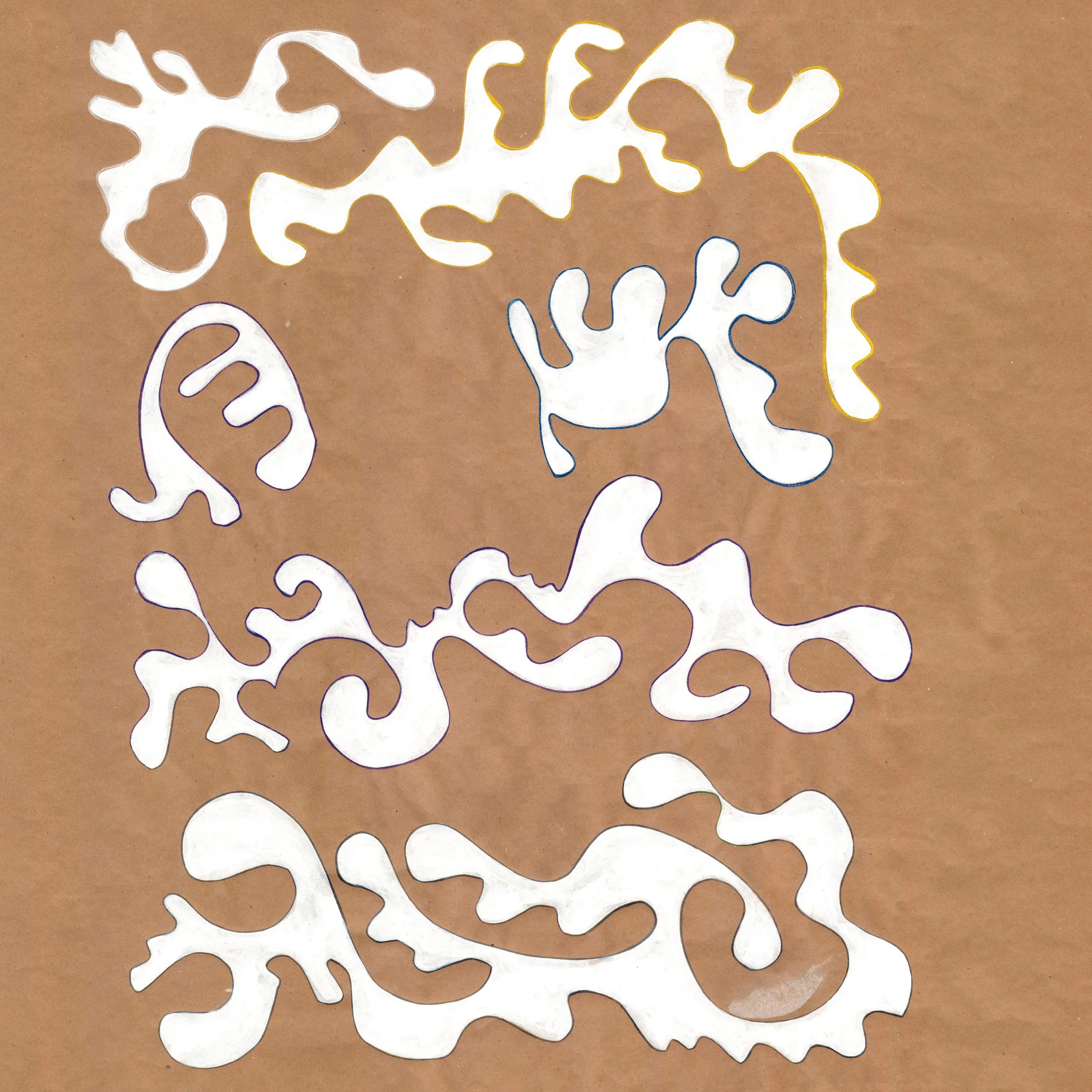 White abstract shapes with colored outlines on a brown background.