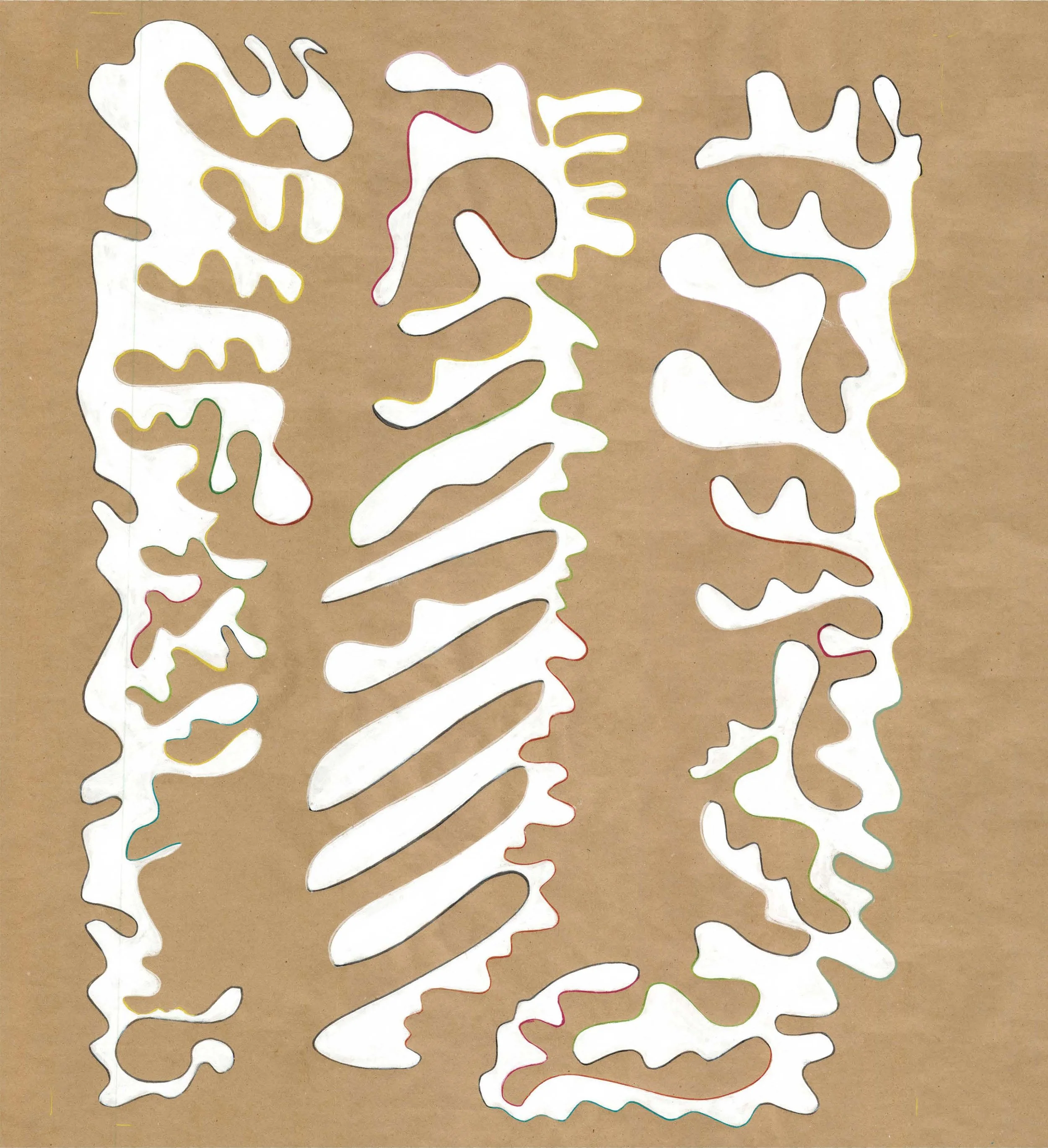 Colorful abstract illustration with white irregular shapes outlined in various colors like red, green, blue, yellow, and black on a brown background, resembling organic forms or a stylized topographical map.