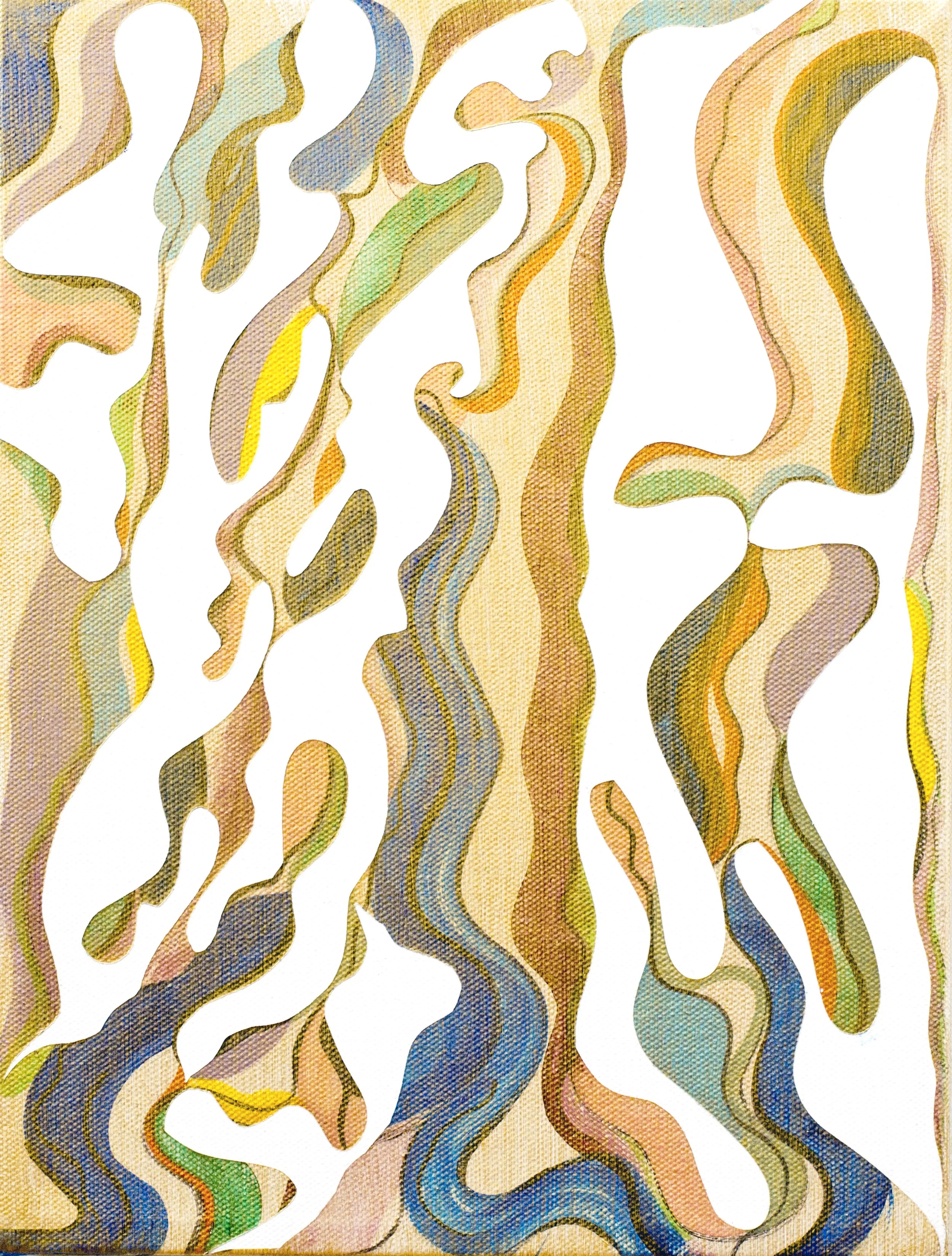 Colorful abstract pattern with wavy lines in shades of yellow, orange, green, blue, and purple on a white background.