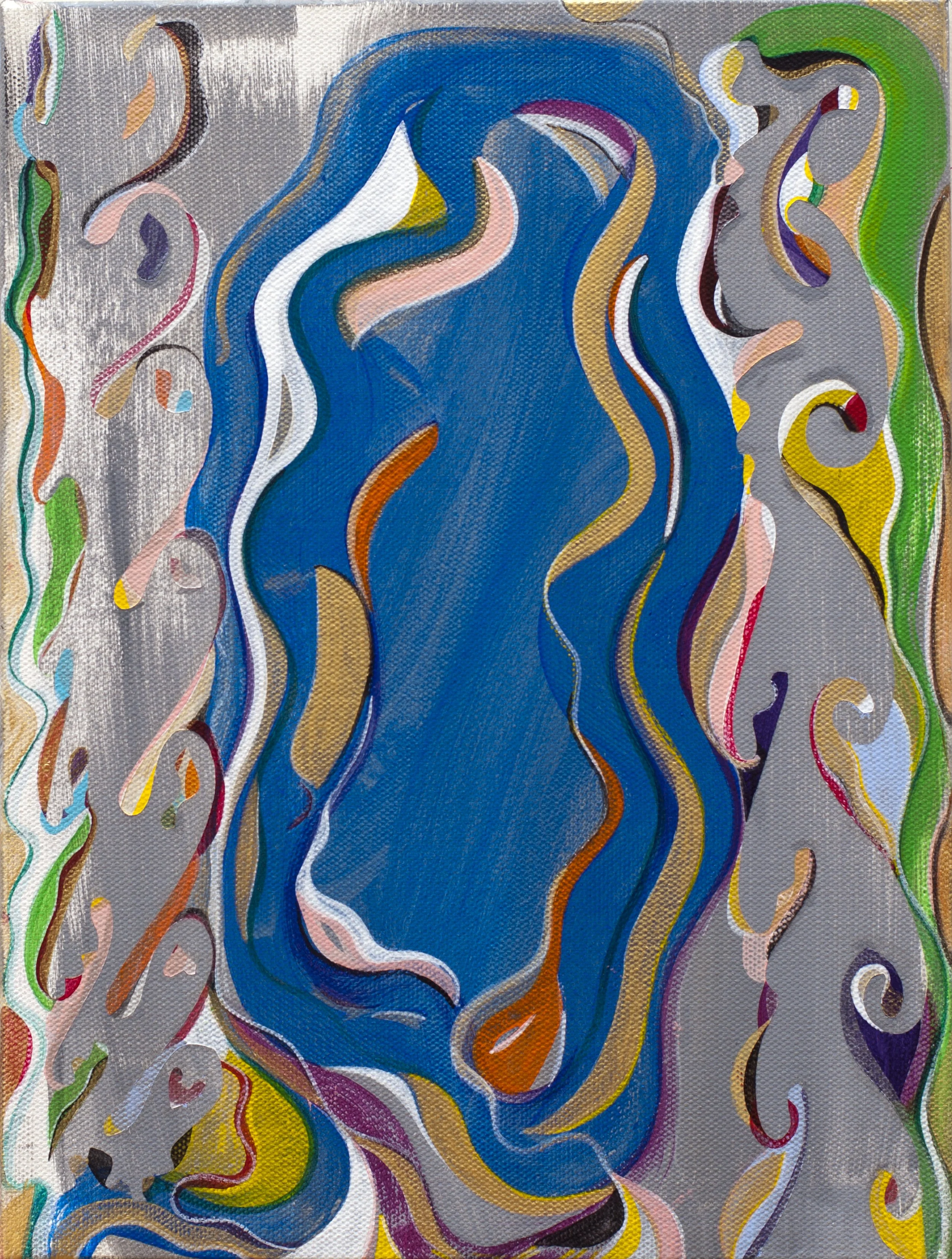 An abstract painting with swirling lines and bold colors, including blue, yellow, green, white, black, pink, purple, and orange, on a textured canvas background.