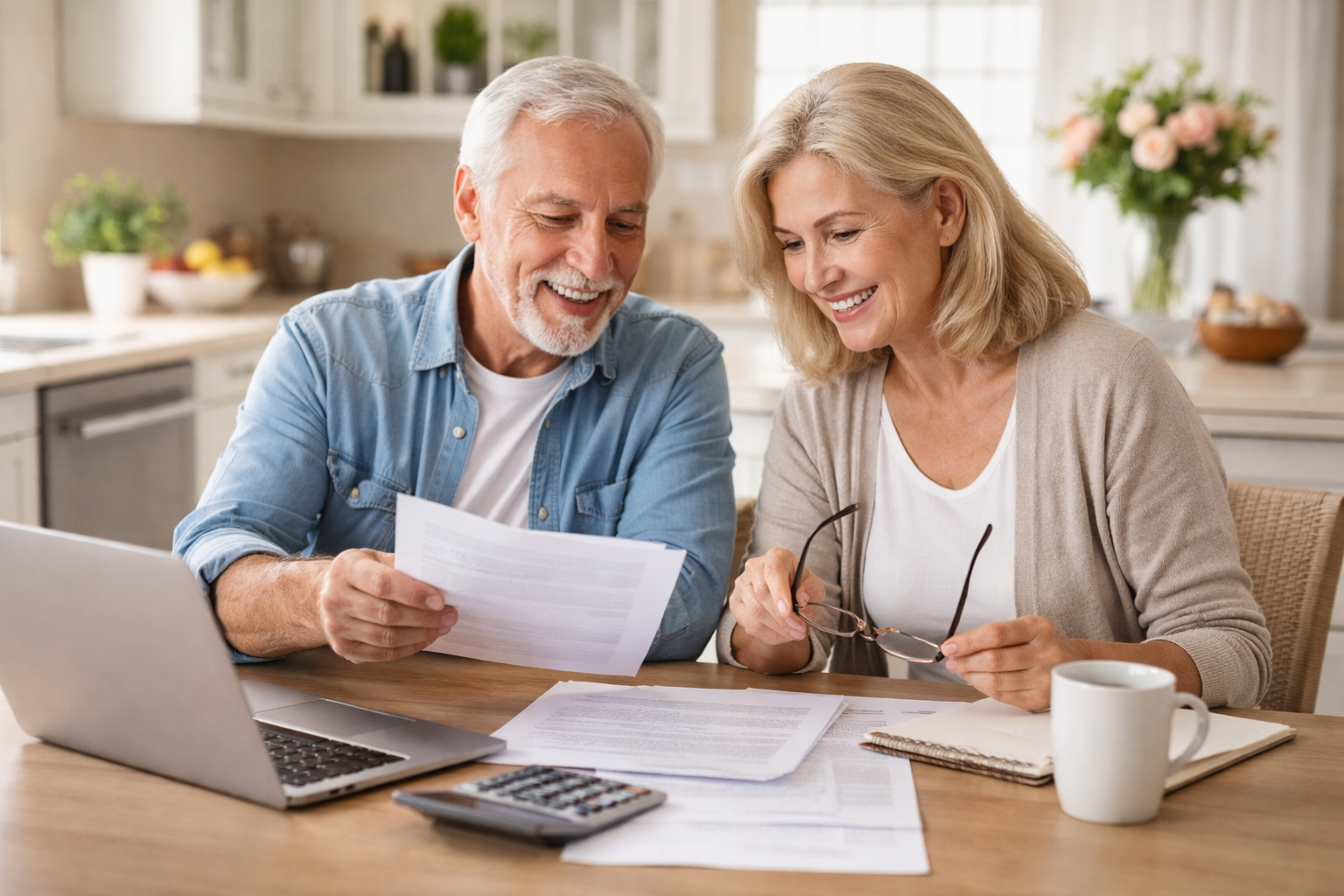 Elderly couple reviewing documents at a kitchen table, smiling, with a laptop, calculator, notebook, and coffee mug present.