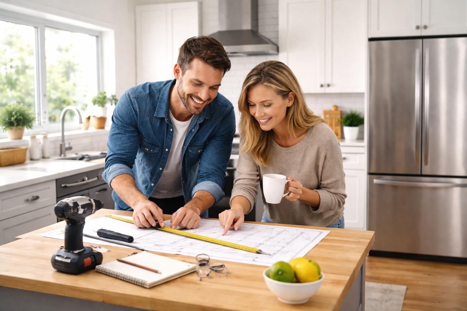 A man and woman looking at blueprints on a kitchen island, smiling, with construction tools and a coffee mug.