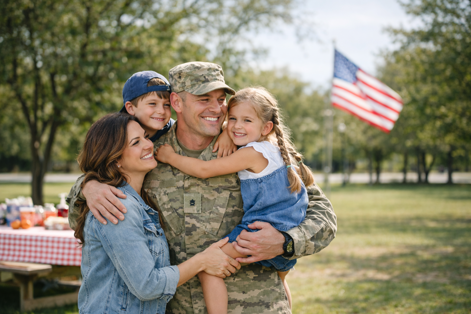 A soldier in uniform hugging his wife and two children outdoors with an American flag in the background.