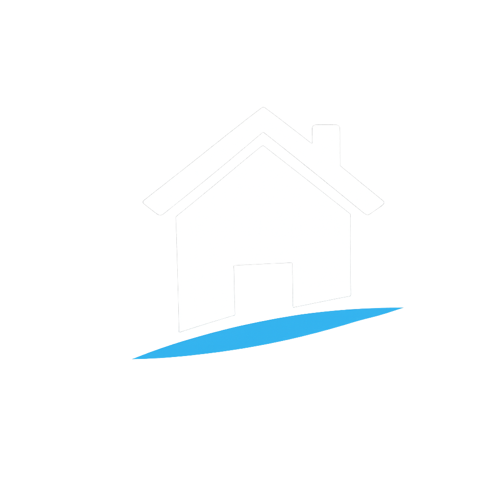 White house icon with a blue base on a black background.