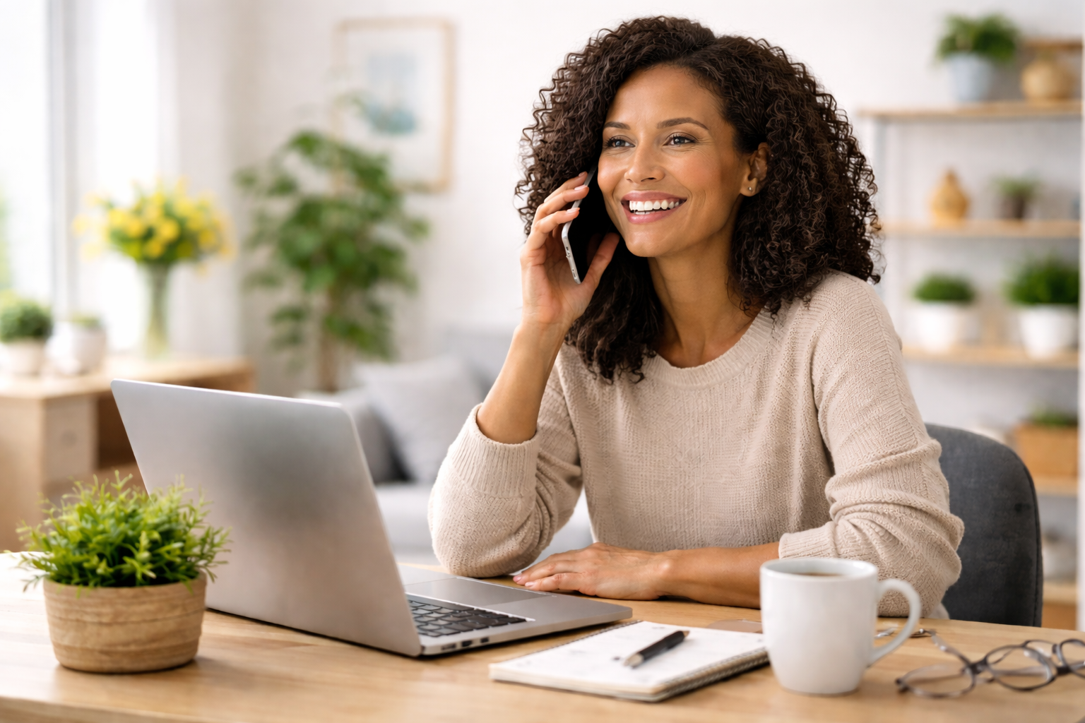 Woman with curly hair smiling and talking on the phone at a desk with a laptop, a notebook, a pen, a pair of reading glasses, a coffee mug, and a potted plant in a bright, cozy room.