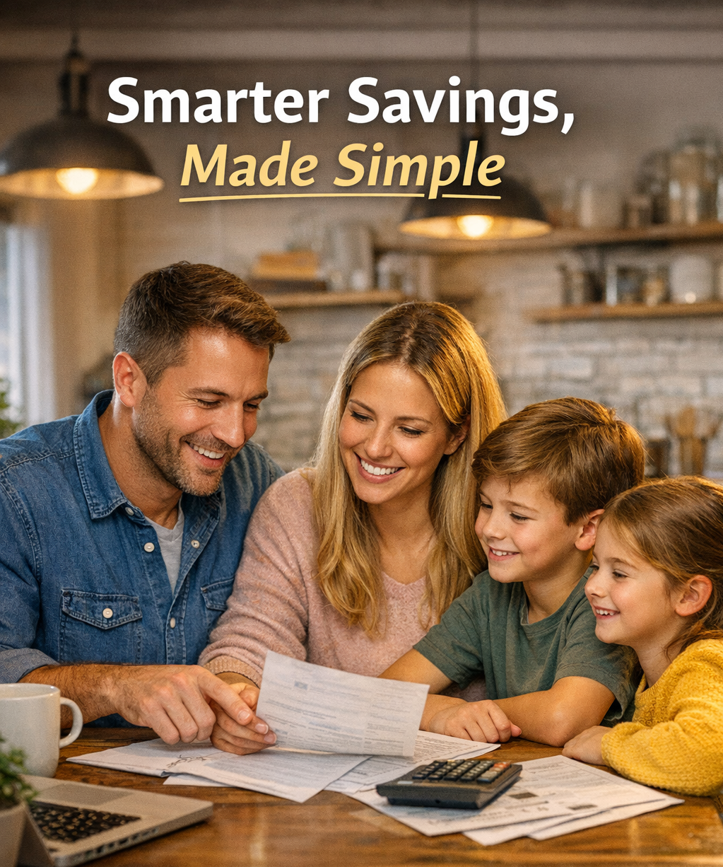 Family of four looking at tax documents and smiling at a wooden table in a cozy kitchen.