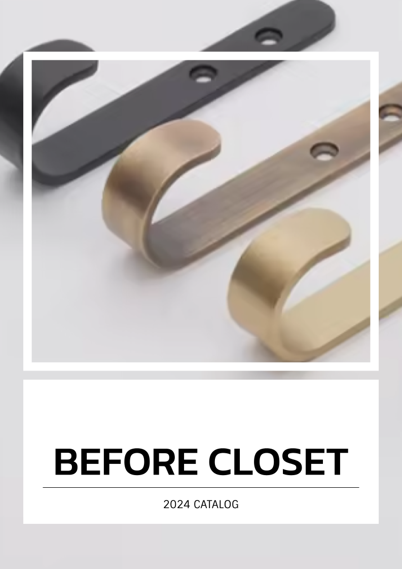 Close-up of three modern decorative wall hooks in black, brass, and gold finishes, arranged on a white background, with a catalog cover below labeled "Before Closet" and "2024 Catalog."