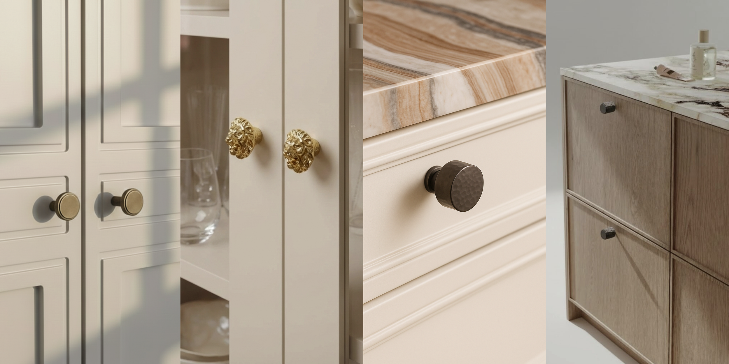 "Solid brass cabinet handle (มือจับตู้) in premium gold finish. High-end architectural hardware design for luxury homes in Bangkok."