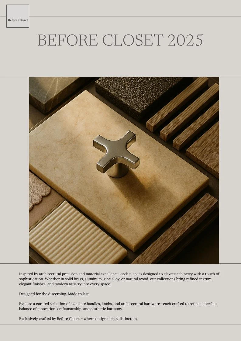 Close-up image of a cabinet handle or knob display with various materials like wood, stone, and metal, featuring a metal cross-shaped handle in the center.